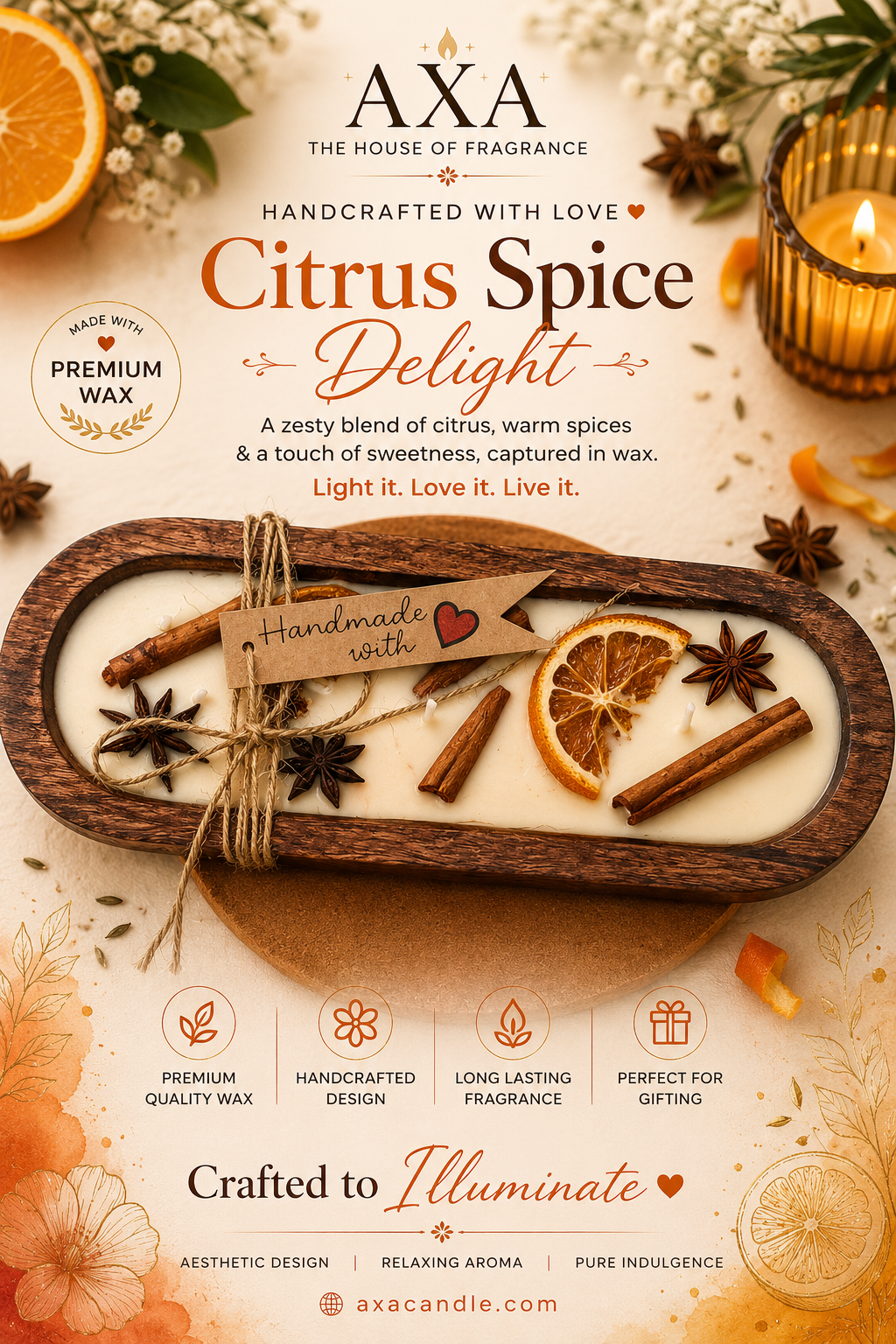 WOODEN TRAY CANDLE {CITRUS CLOVE} 10×4 inch