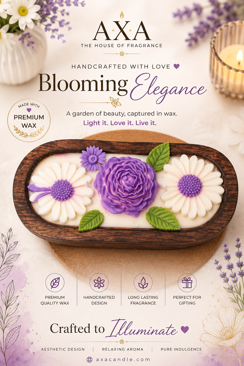 WOODEN TRAY CANDLE {PURPLE} 8×4 inch