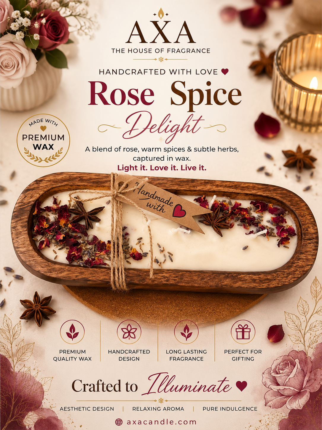 WOODEN TRAY CANDLE {ROSE SPICE} 10×4 inch
