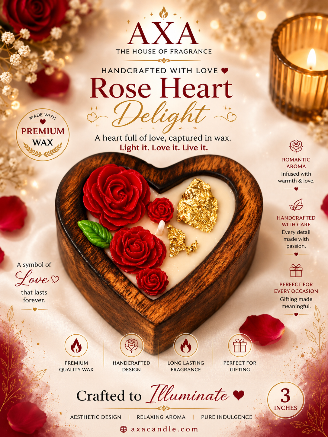 WOODEN HEART {ROSE} 3 inch